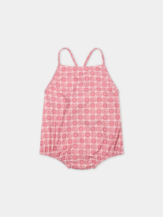 Costume intero rosa per neonata con motivo geometrico e Doppia G,Gucci Kids,773031 XJF7Z 5152