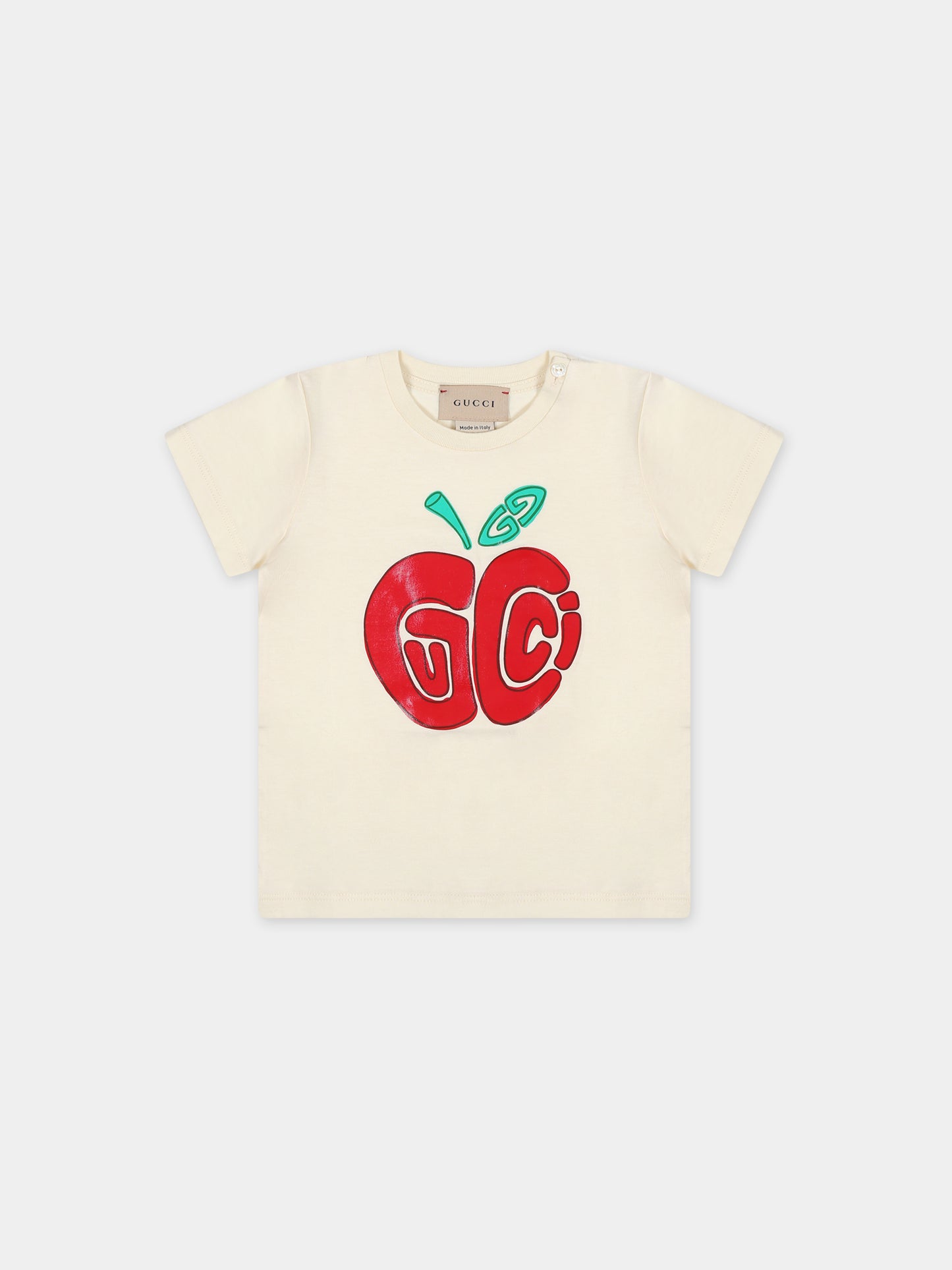 T-shirt avorio per neonata con doppia G e mela,Gucci Kids,555675 XJF86 9398