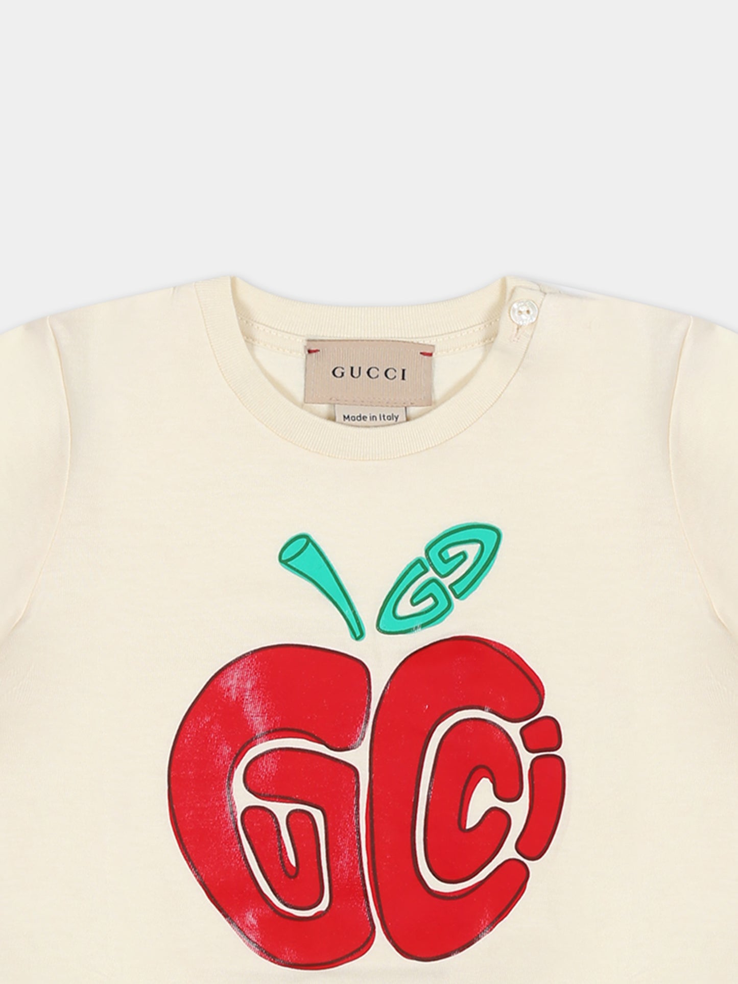 T-shirt avorio per neonata con doppia G e mela,Gucci Kids,555675 XJF86 9398