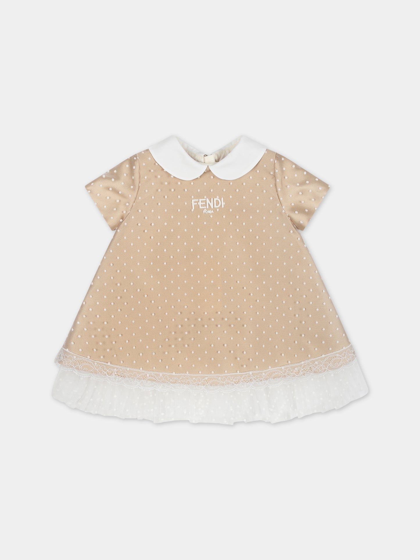 Vestito elegante beige per neonata con pois,Fendi Kids,BFB493 AQST F1N97