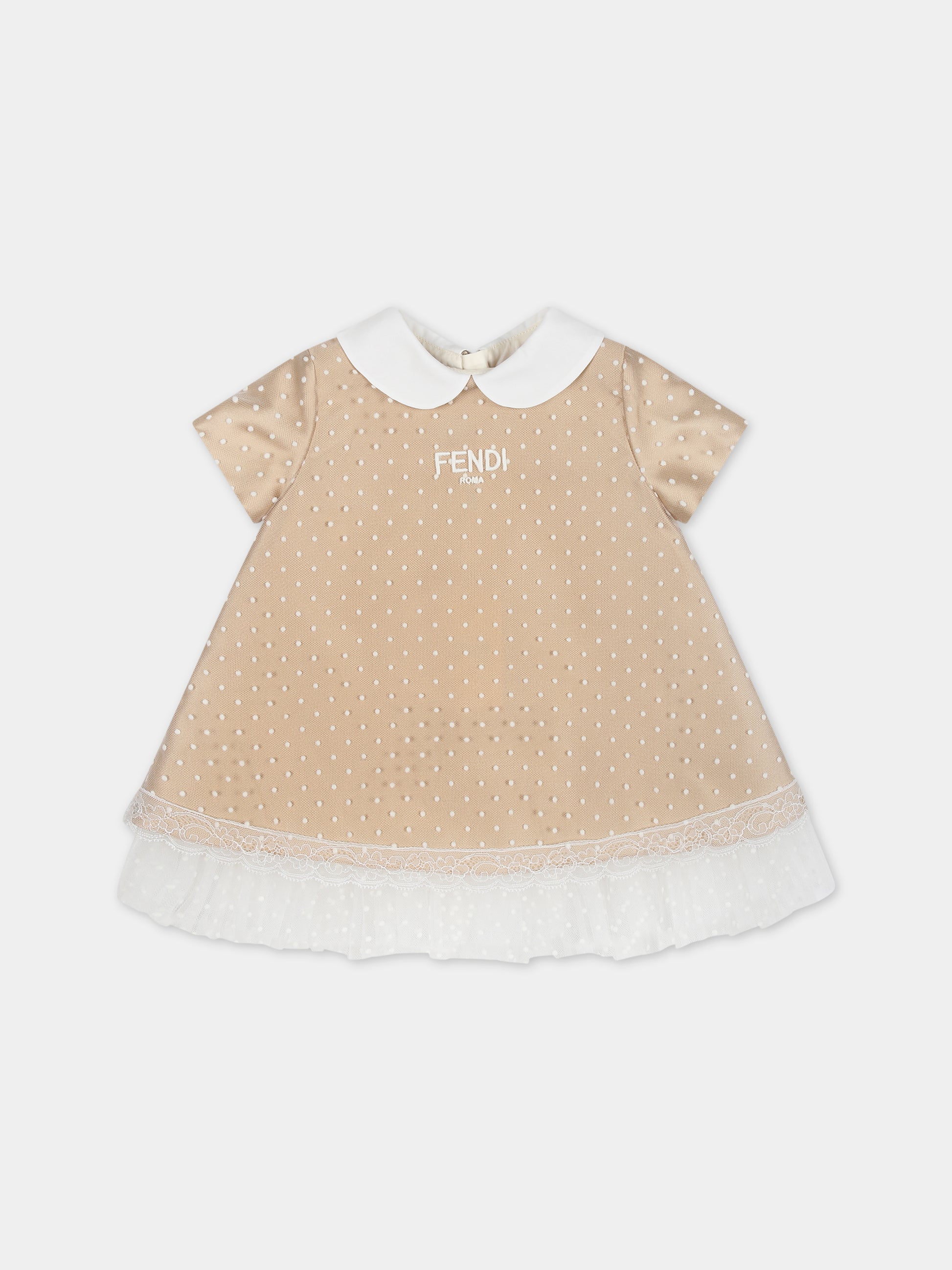 Vestito elegante beige per neonata con pois,Fendi Kids,BFB493 AQST F1N97