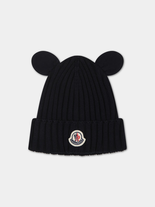 Berretto blu per neonati con orecchie logo,Moncler Kids,951 3B00001 M1367 742