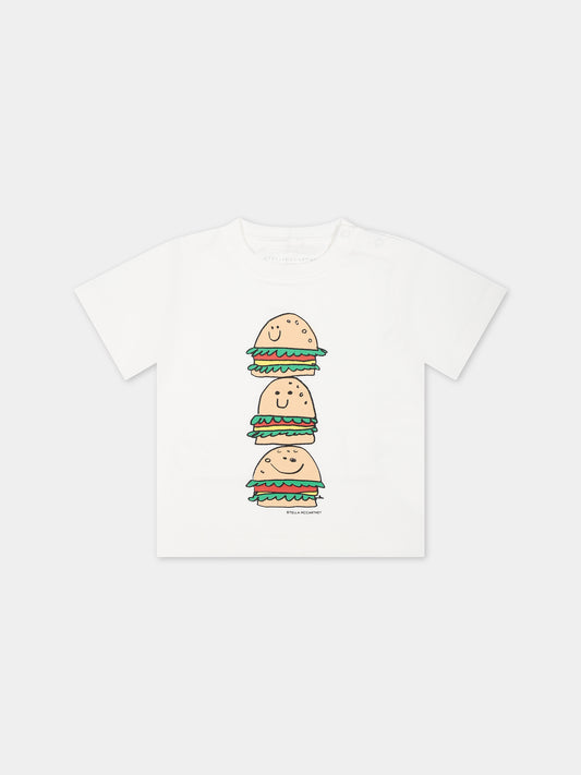 T-shirt bianca per neonato con stampa hamburger,Stella Mccartney Kids,TU8501 Z0434 101