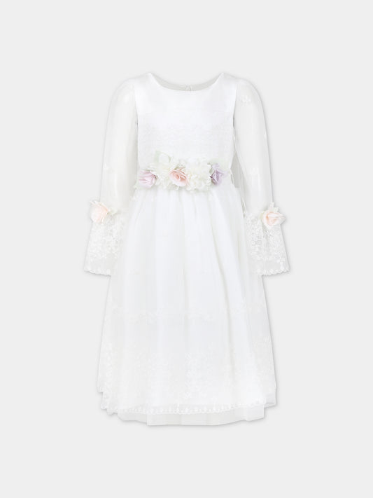 Vestito bianco per bambina con ricami e fiori,Monnalisa,71C914 3972 0001