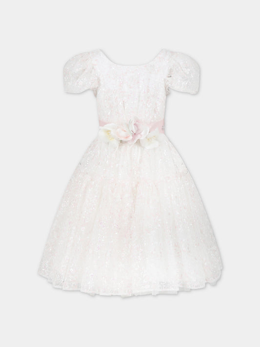 Vestito bianco per bambina con paillettes,Monnalisa,77C902 3909 0192