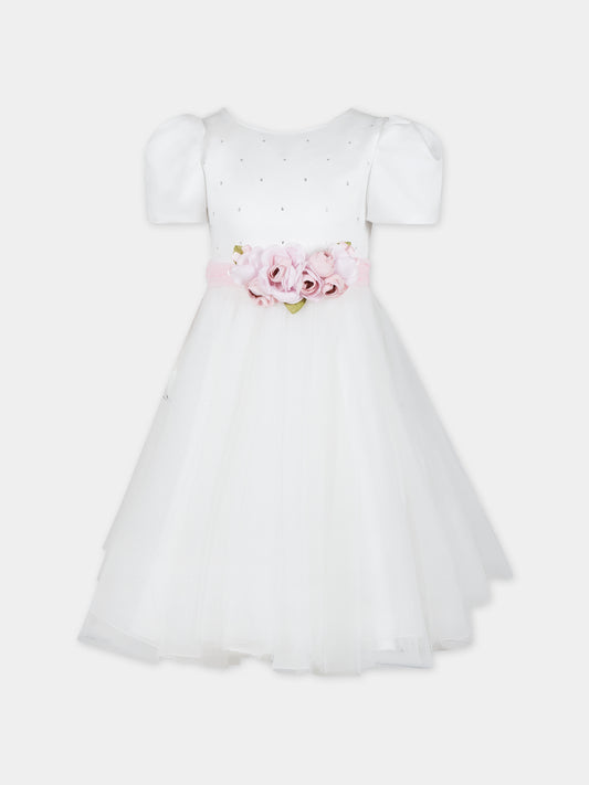 Vestito bianco per bambina con fiori e strass,Monnalisa,71C905 3121 0191