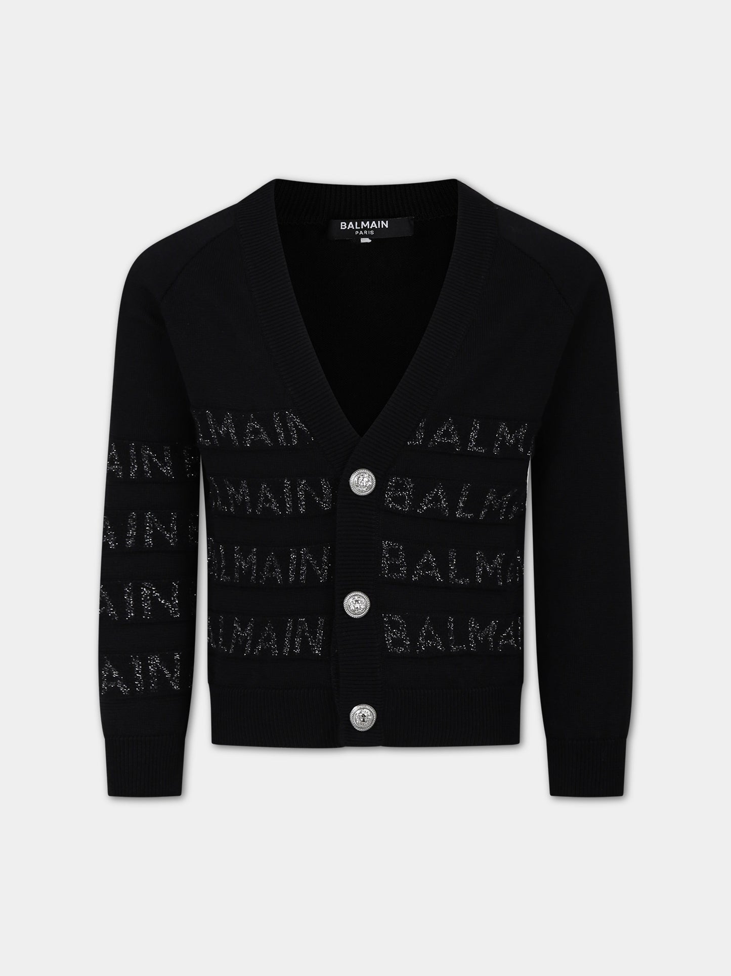 Cardigan nero per bambino con logo lurex,Balmain Kids,BU9P10 X0068 930AG