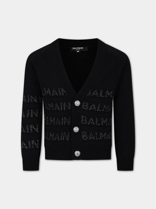 Cardigan nero per bambino con logo lurex,Balmain Kids,BU9P10 X0068 930AG