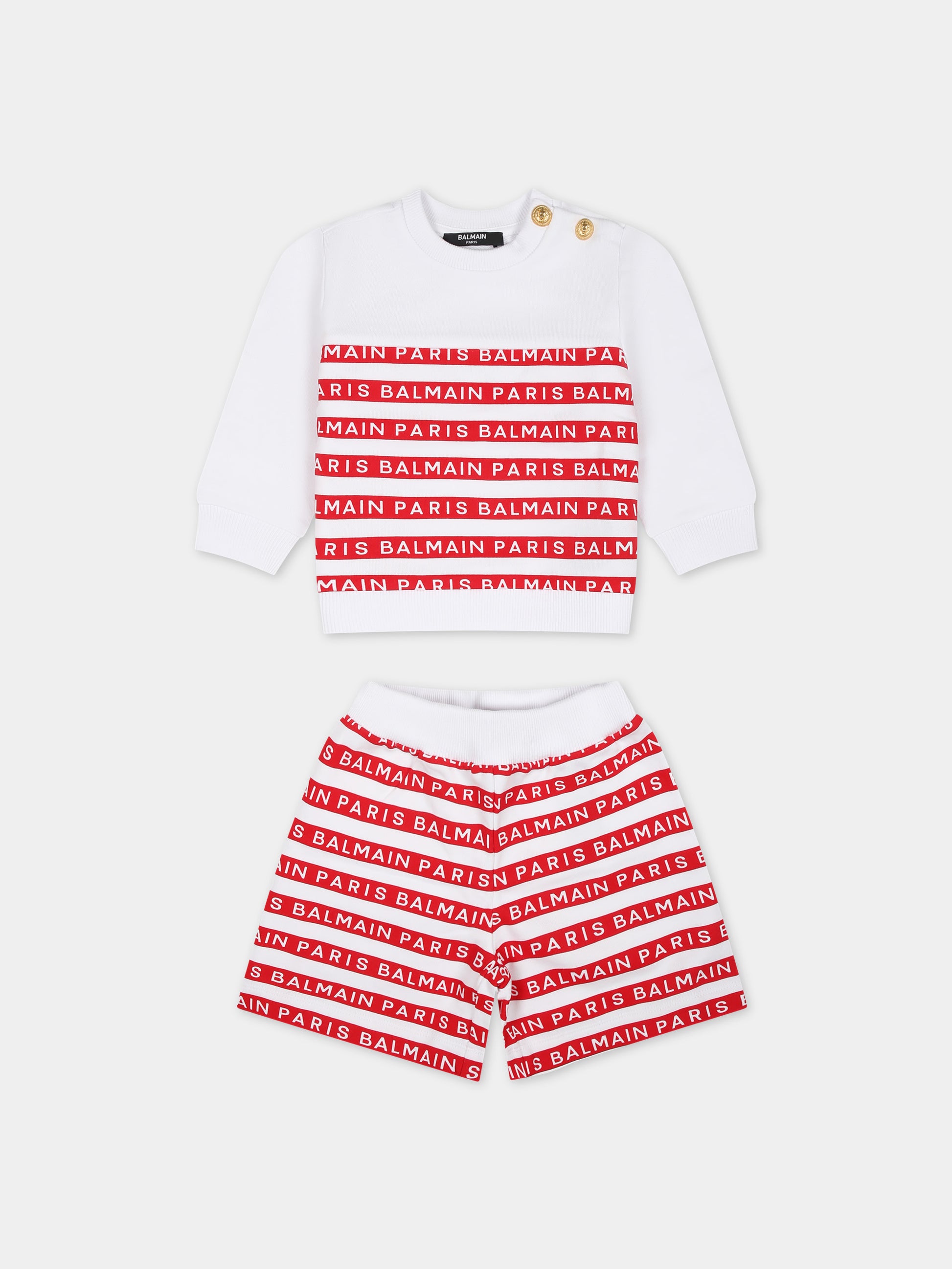 Completo bianco per neonato con righe rosse e logo,Balmain Kids,BU3560 Z1909 100RO