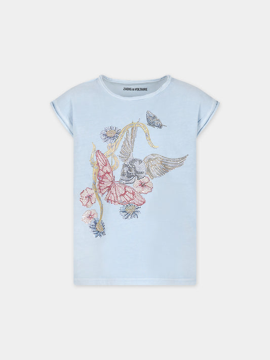 T-shirt celeste per bambina con teschio e farfalla,Zadig & Voltaire Kids,X60041 789