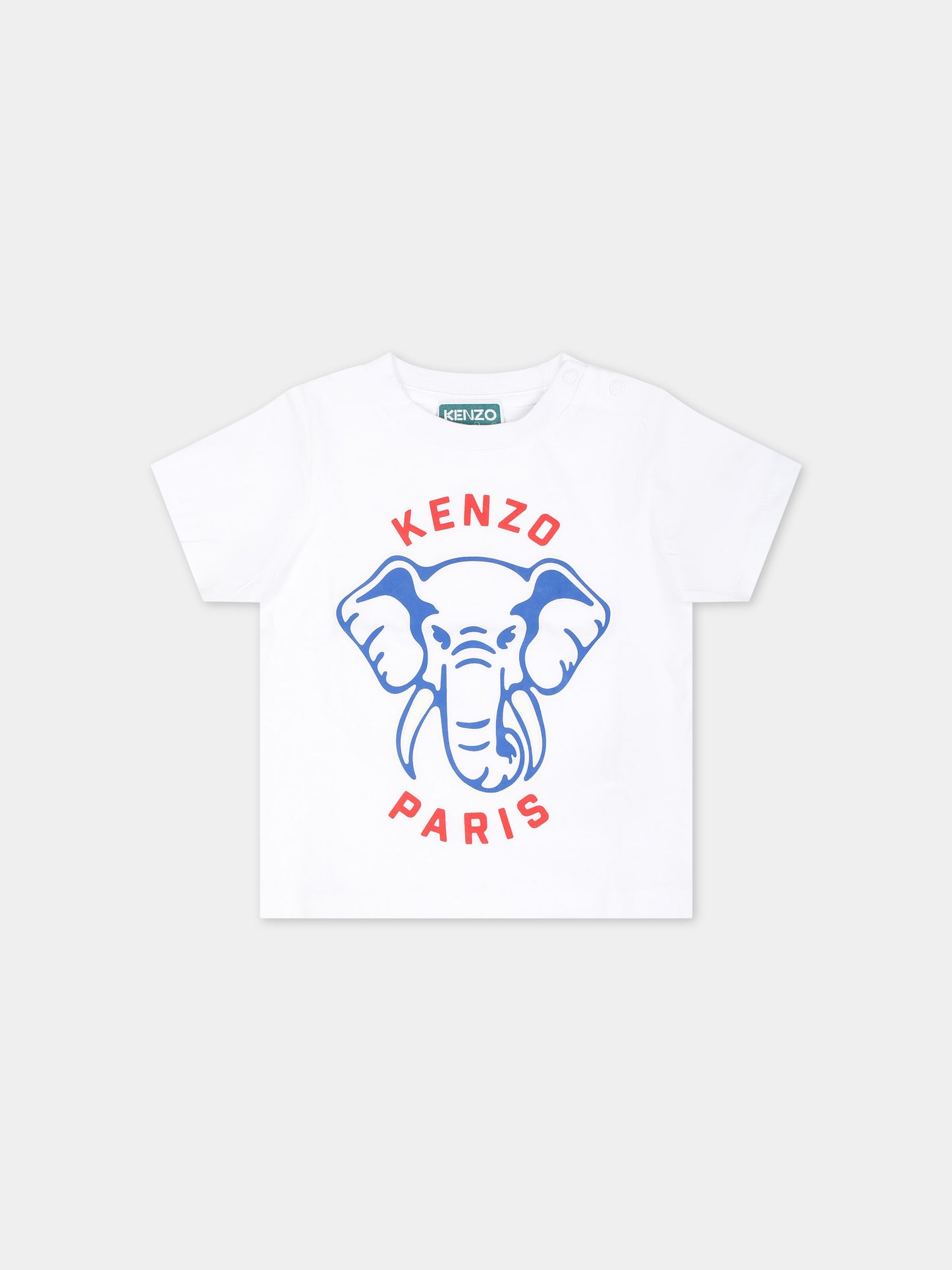 T-shirt bianca per neonato con elefante e logo,Kenzo Kids,K60170 10P