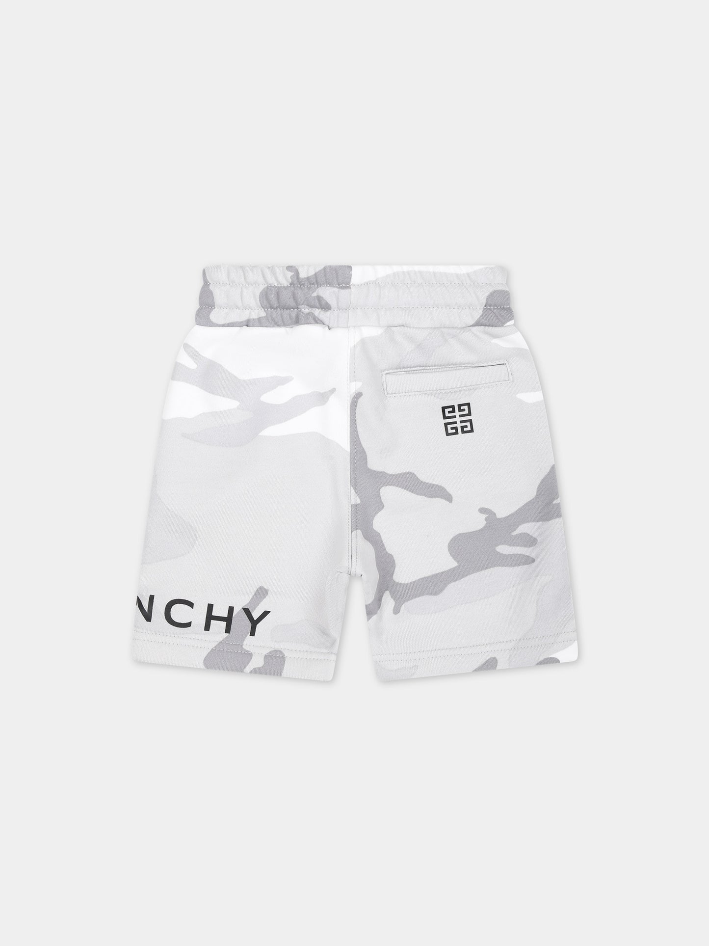Shorts grigi per neonato con logo e stampa mimetica,Givenchy Kids,H30222 M01