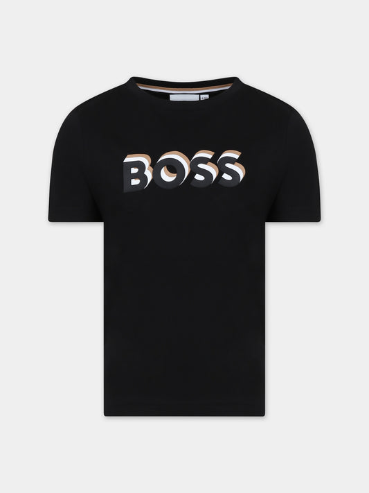 T-shirt nera per bambino con logo,Boss,J50723 09B