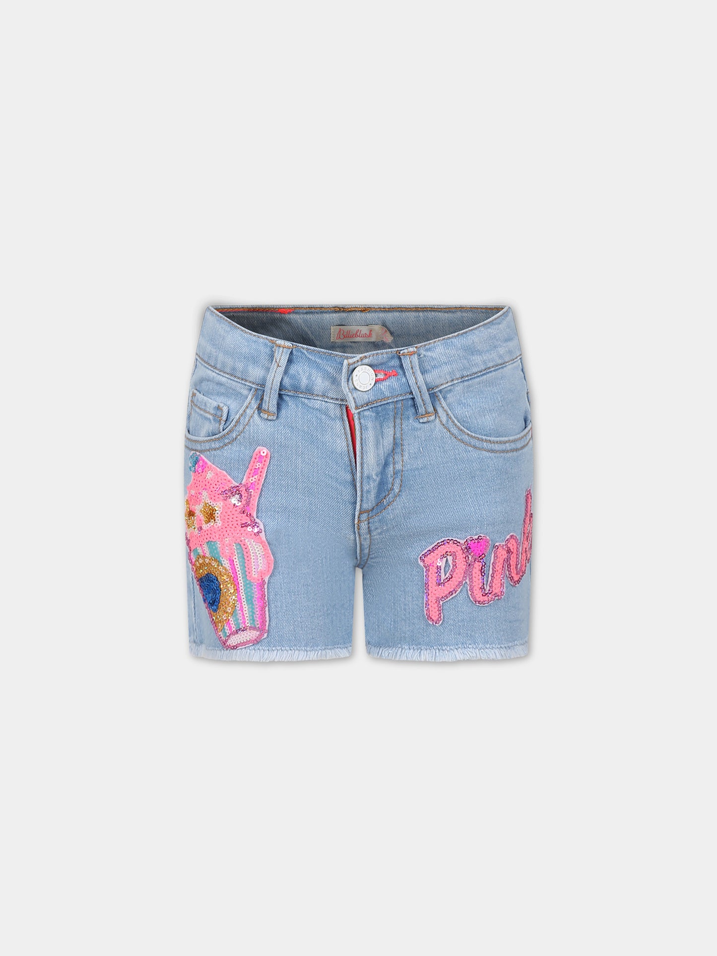 Shorts denim per bambina con patch di paillettes,Billieblush,U20108 Z18