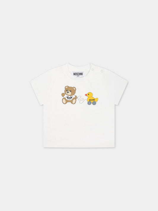 T-shirt bianca per neonati con Teddy Bear e paperella,Moschino Kids,MVM032 LAA03 10063