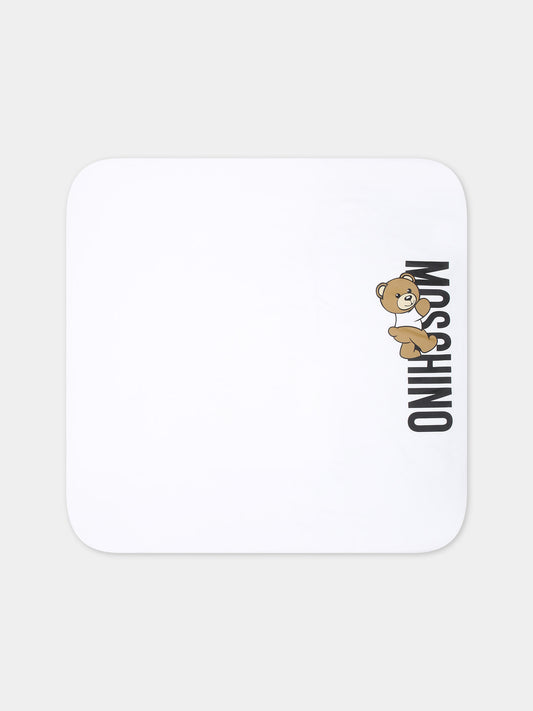 Coperta bianca per neonato con Teddy Bear e logo,Moschino Kids,M8B005 LCA30 10101