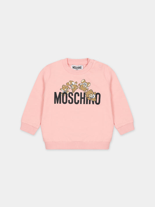 Felpa rosa per neonati con Teddy Bears e logo,Moschino Kids,MZF04Q LCA19 50209