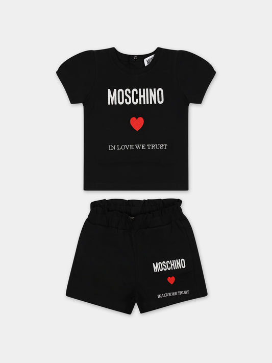 Completo nero per neonata con logo e cuore,Moschino Kids,MDG017 LAA22 60100