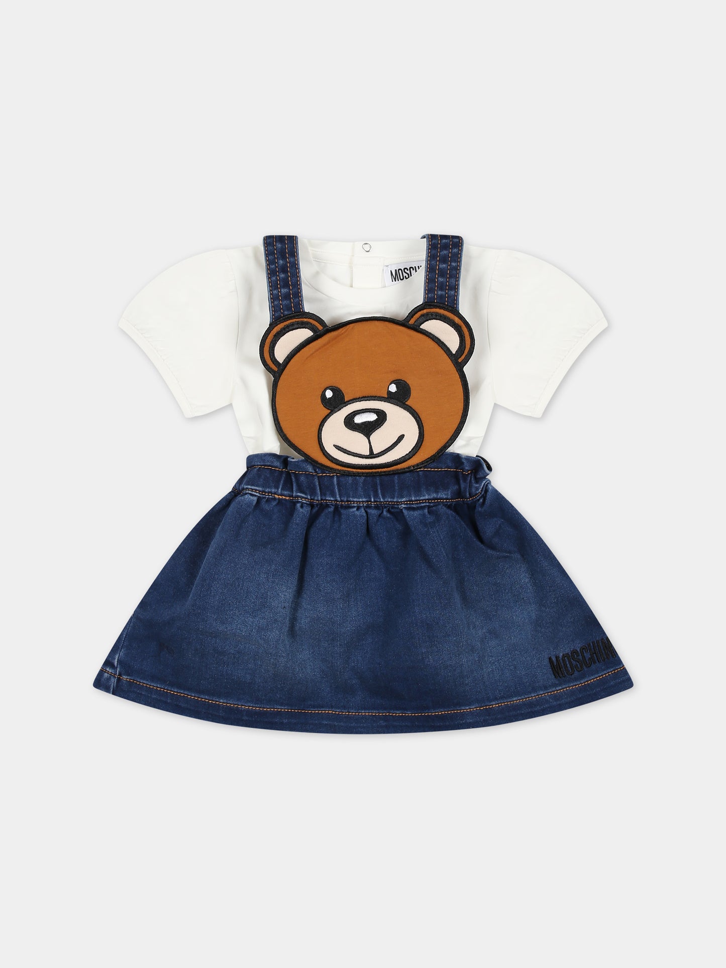 Salopette in denim per neonata con Teddy Bear,Moschino Kids,MDK02Q LXE43 40334