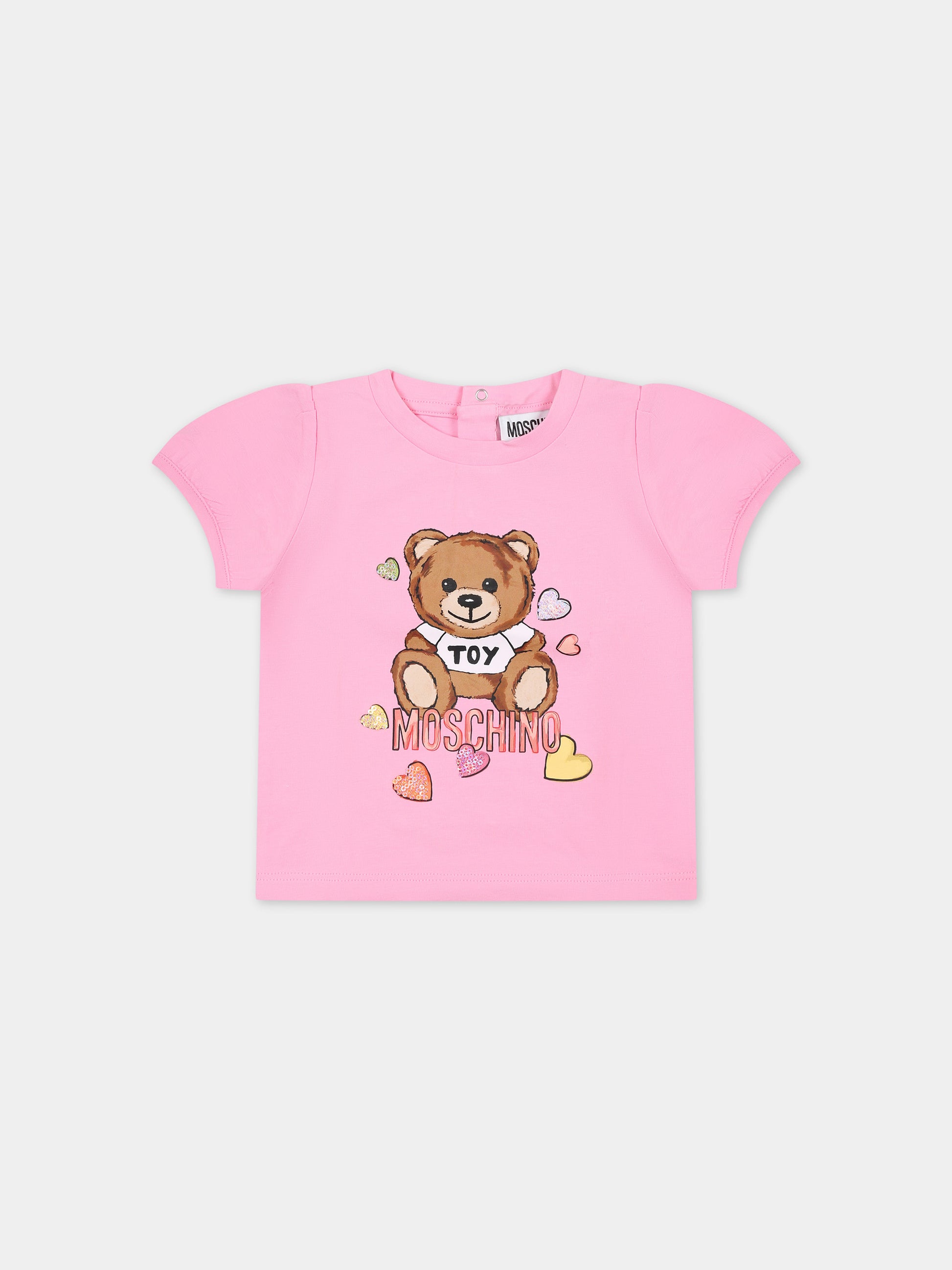 T-shirt rosa per neonata con Teddy bear e cuori,Moschino Kids,MDM03F LBA10 50206