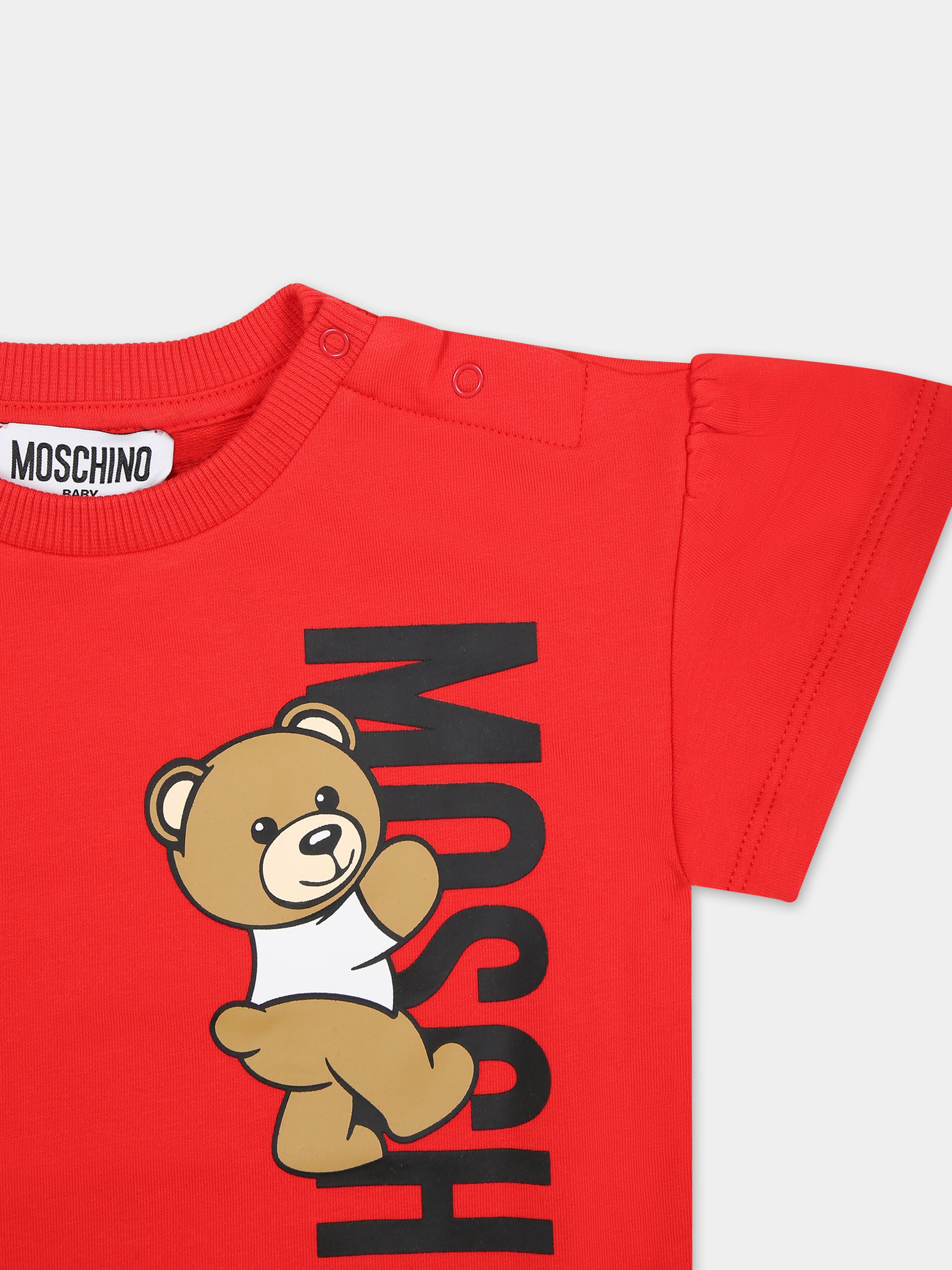 Vestito rosso per neonata con Teddy Bear e logo,Moschino Kids,MDV0B6 LDA25 50109