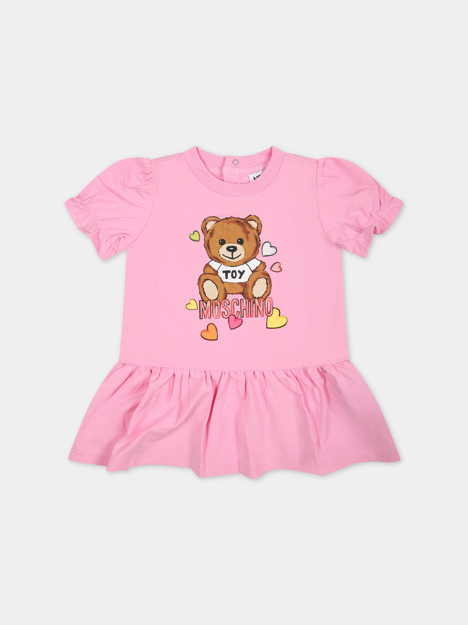 Vestito rosa per neonata con stampa Teddy Bear,Moschino Kids,MDV0B5 LBA10 50206