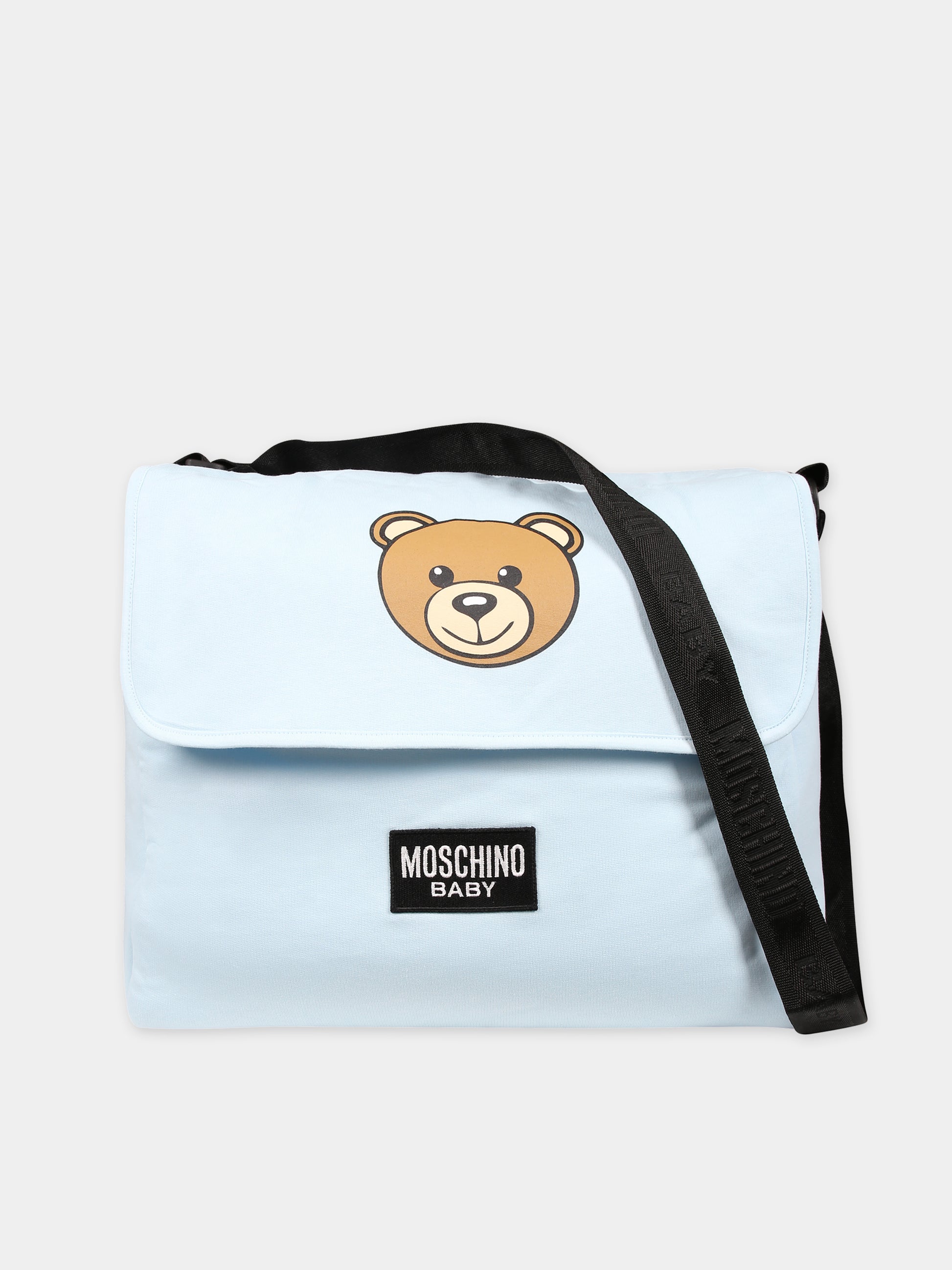 Borsa mamma celeste per neonato con Teddy Bear e logo,Moschino Kids,MWX03D LCA19 40304