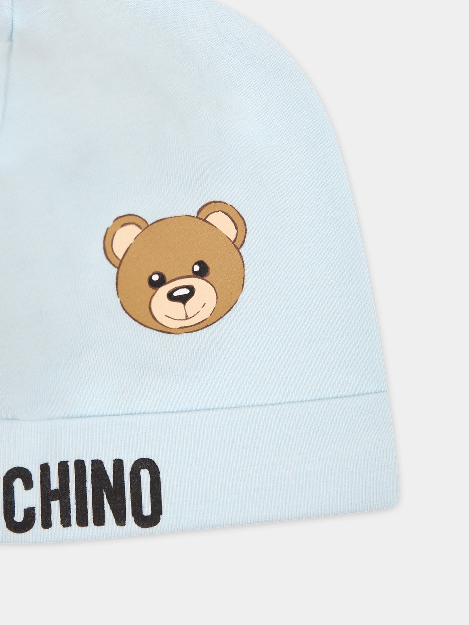 Cappello celeste per neonato con logo e Teddy Bear,Moschino Kids,MYX031 LBA00 40304