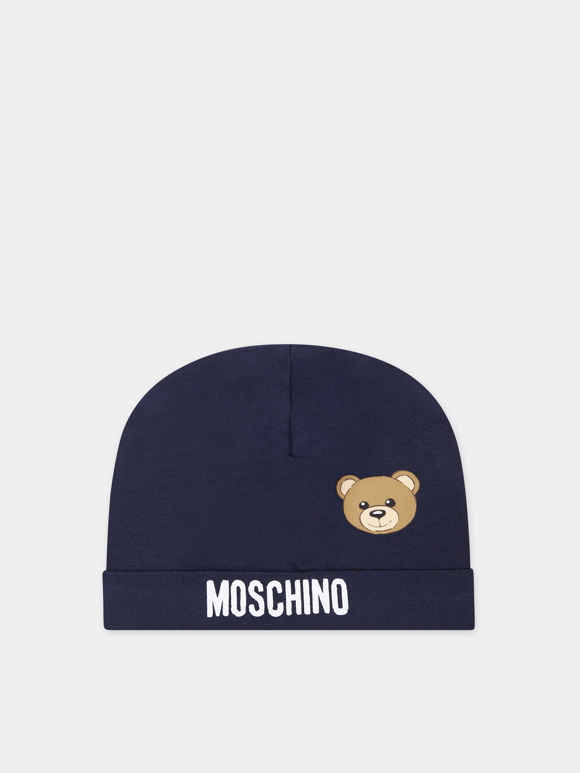 Cappello blu per neonati con logo e Teddy Bear,Moschino Kids,MYX031 LBA00 40016
