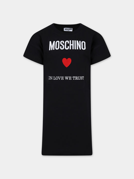 Vestito nero per bambina con logo e cuore,Moschino Kids,HDV0EQ LAA22 60100