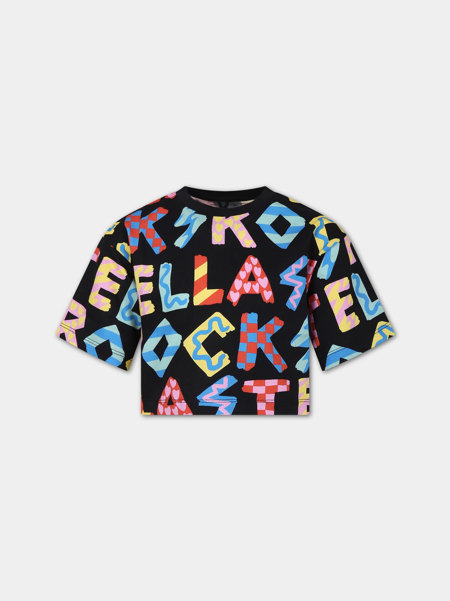 T-shirt nera per bambina con stampa multicolor all-over,Stella Mccartney Kids,TU8B71 Z1583 930MC