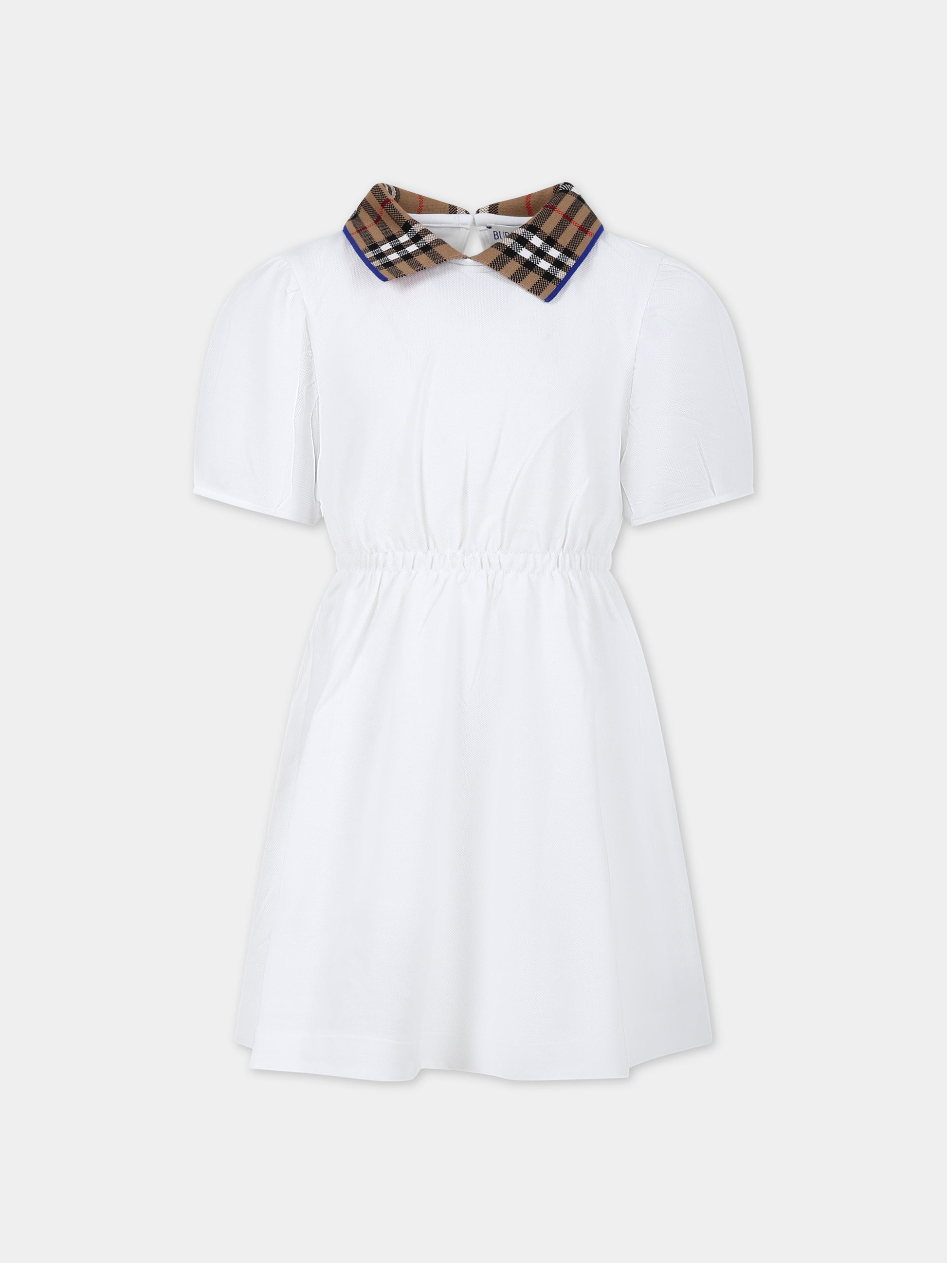 Vestito bianco per bambina con check vintage sul colletto,Burberry Kids,8073165 A1464