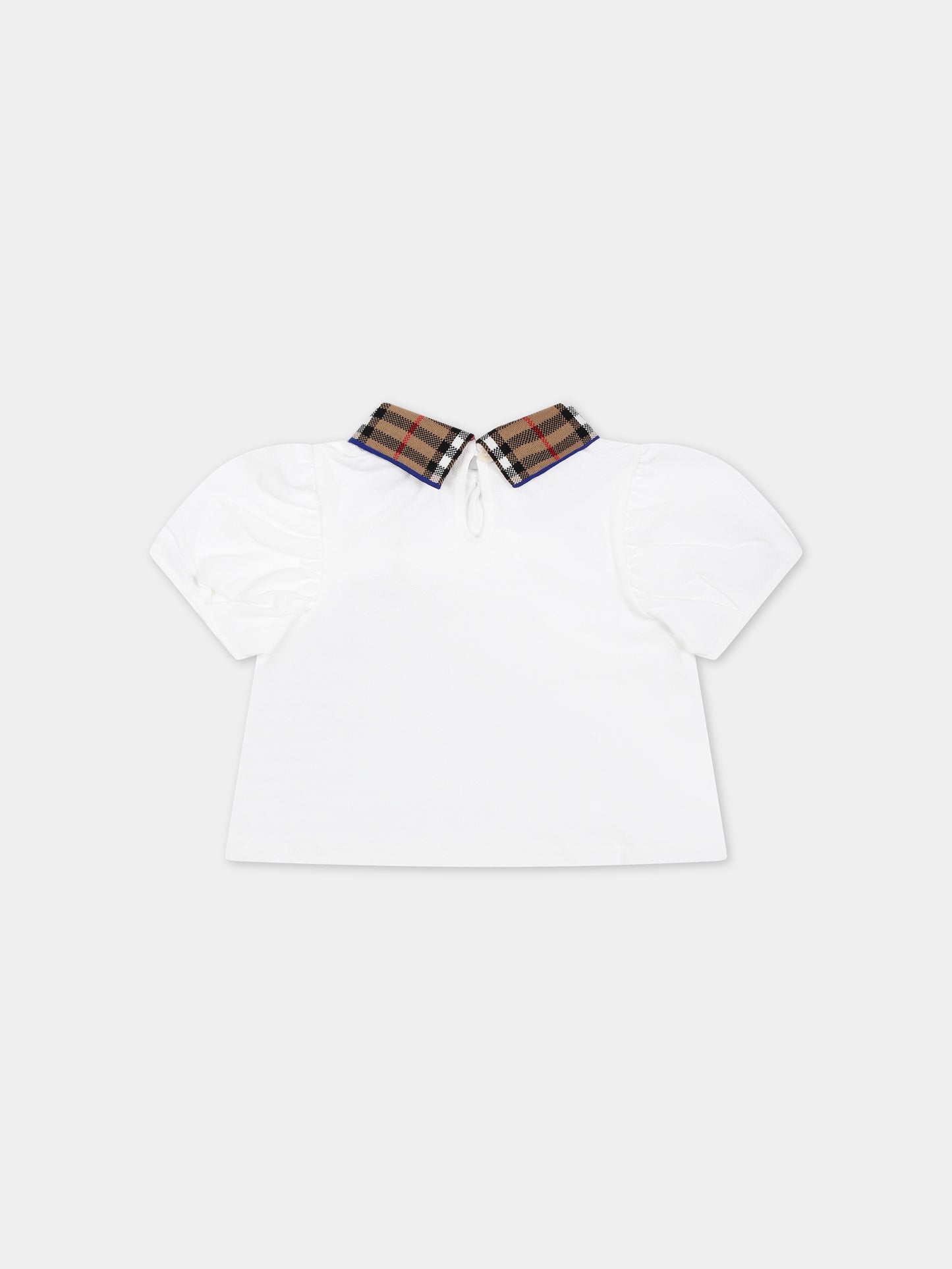 T-shirt bianca per neonata con check vintage sul colletto,Burberry Kids,8078460 A1464
