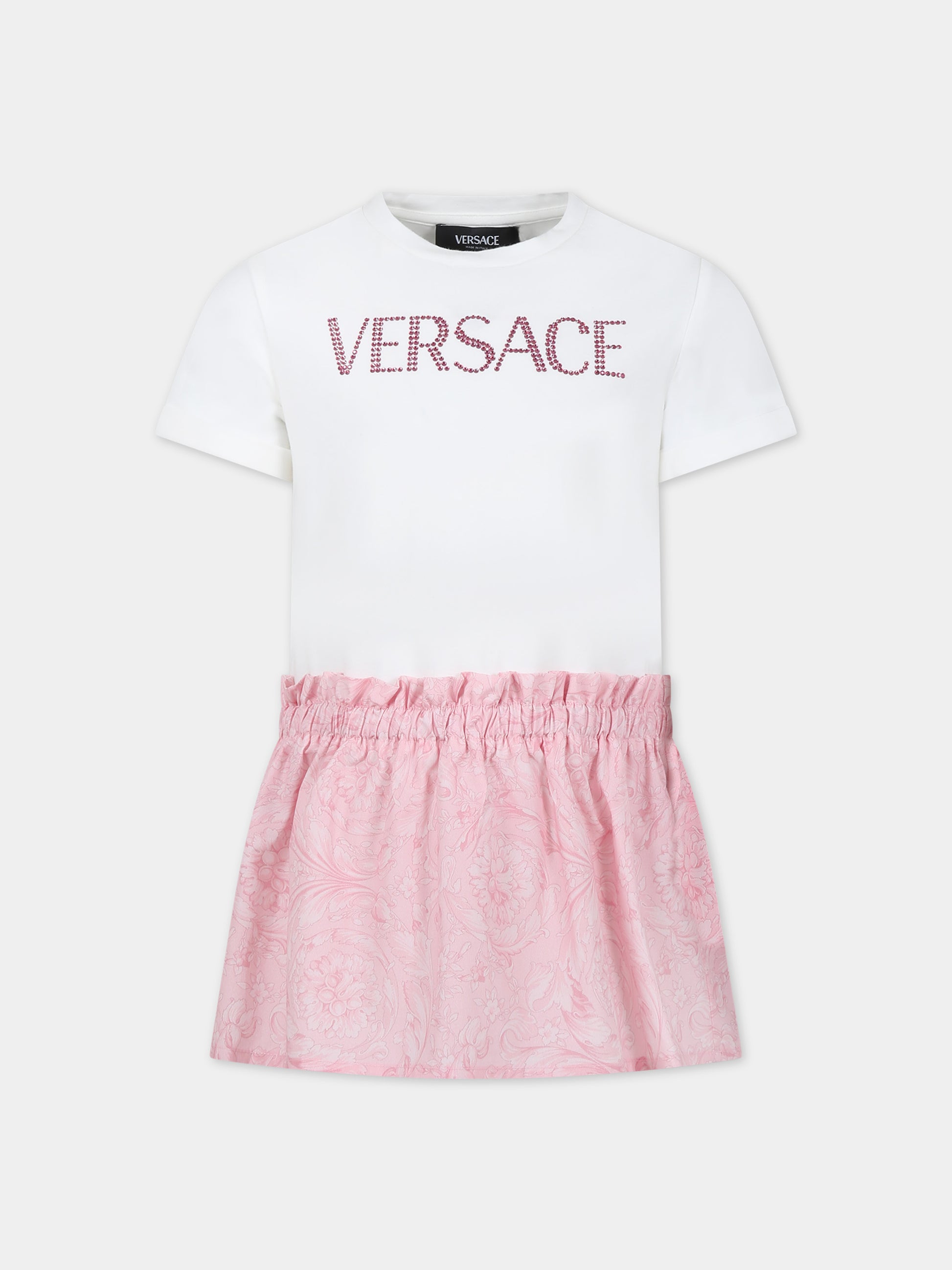 Vestito rosa per neonata con stampa barocco e logo con strass,Versace,1011337 1A09678 2W310