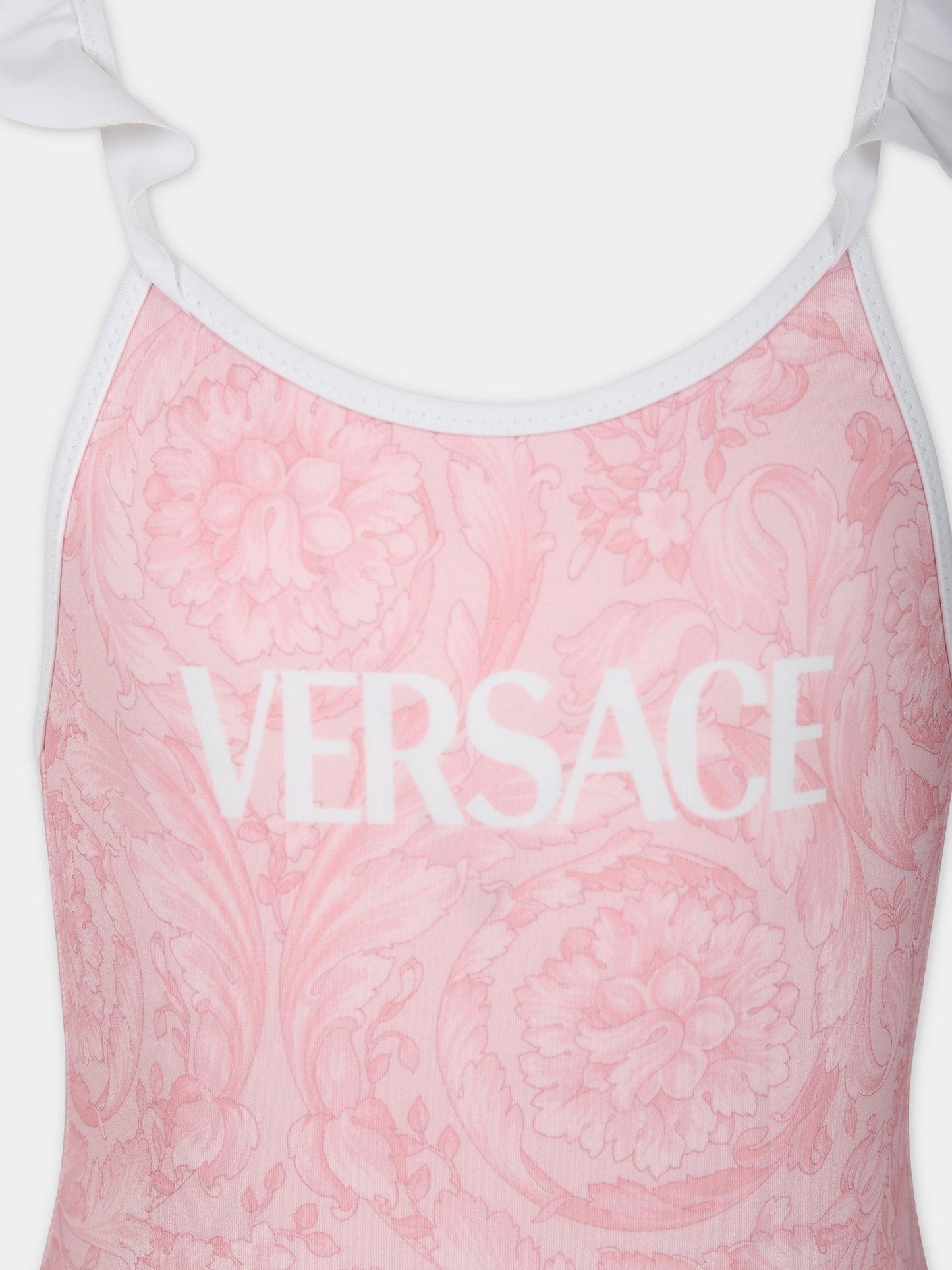 Costume intero rosa per bambina con stampa barocco,Versace,1014233 1A10009 5P950