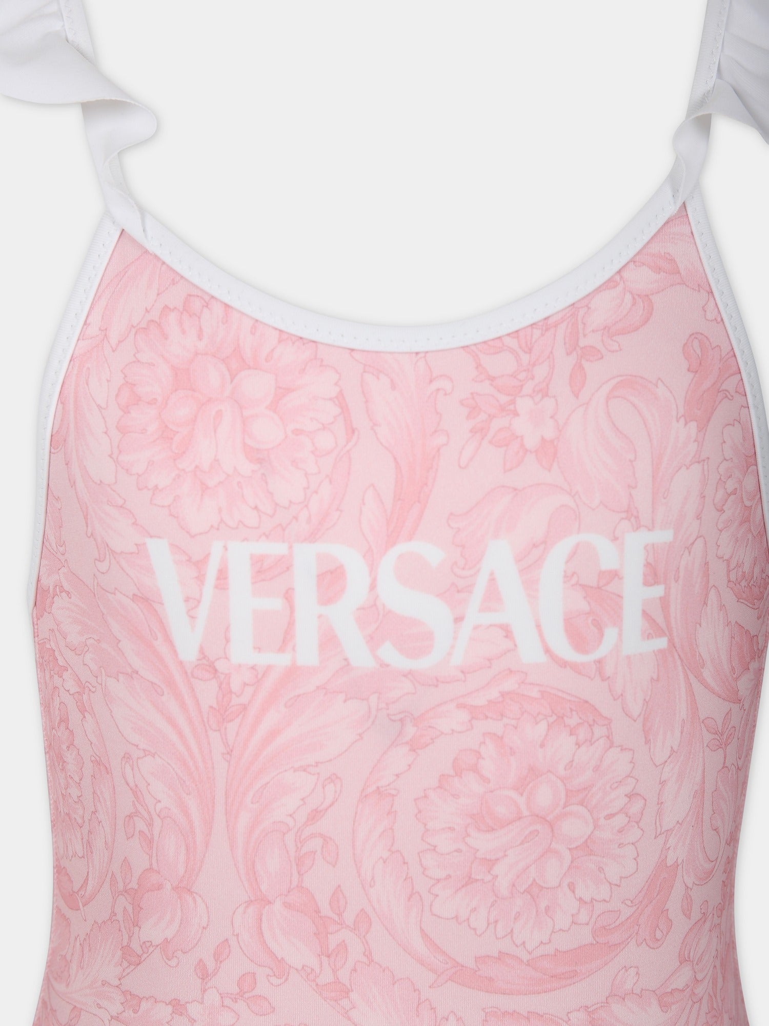 Costume intero rosa per bambina con stampa barocco,Versace,1014233 1A10009 5P950