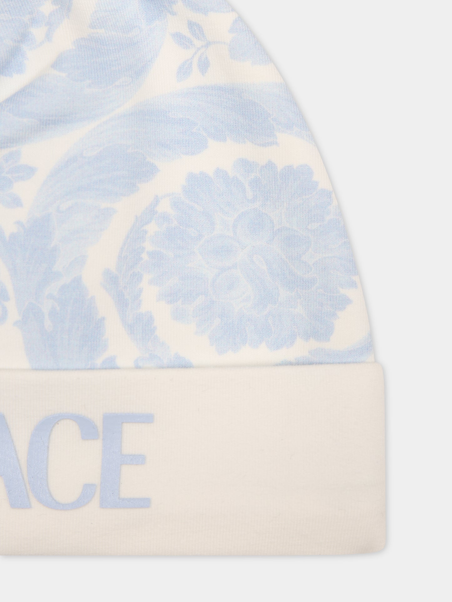 Cappello celeste per neonato con stampa barocco,Versace,1000296 1A09525 2WK10