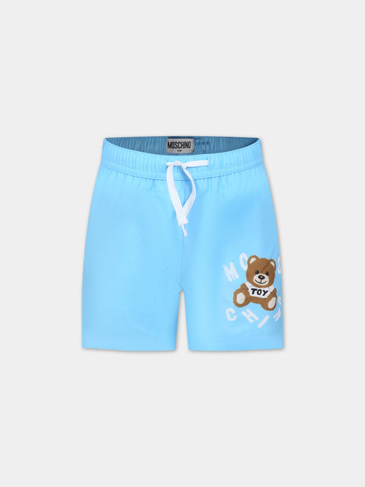 Boxer-mare celeste per bambino con Teddy Bear e logo,Moschino Kids,HUL01C LKA02 41020