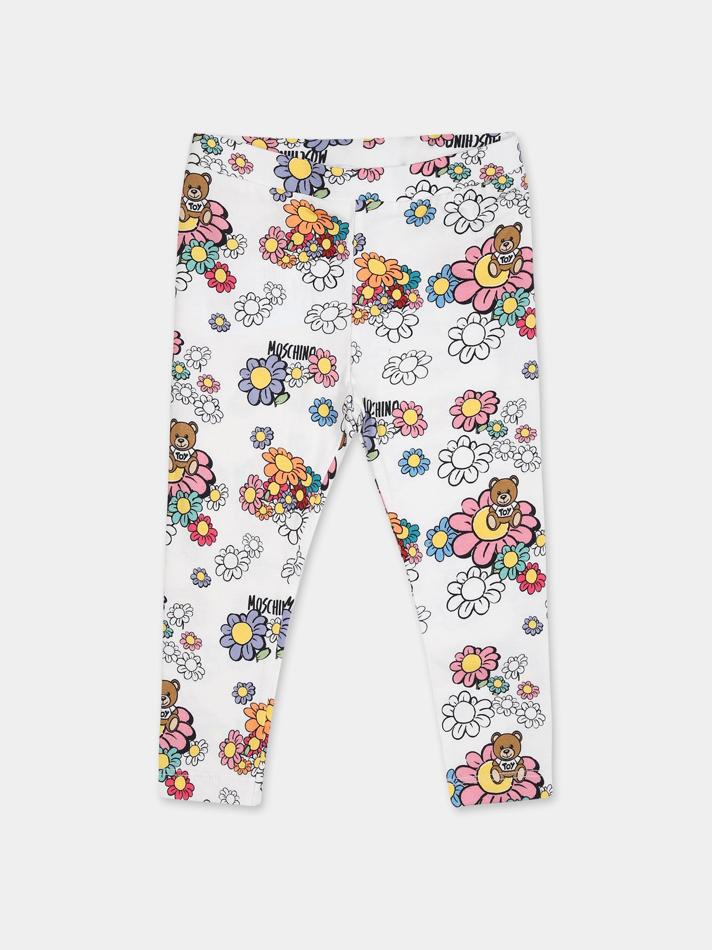 Leggings bianchi per neonata con fiori e Teddy Bear,Moschino Kids,M0P02N LBC01 84328