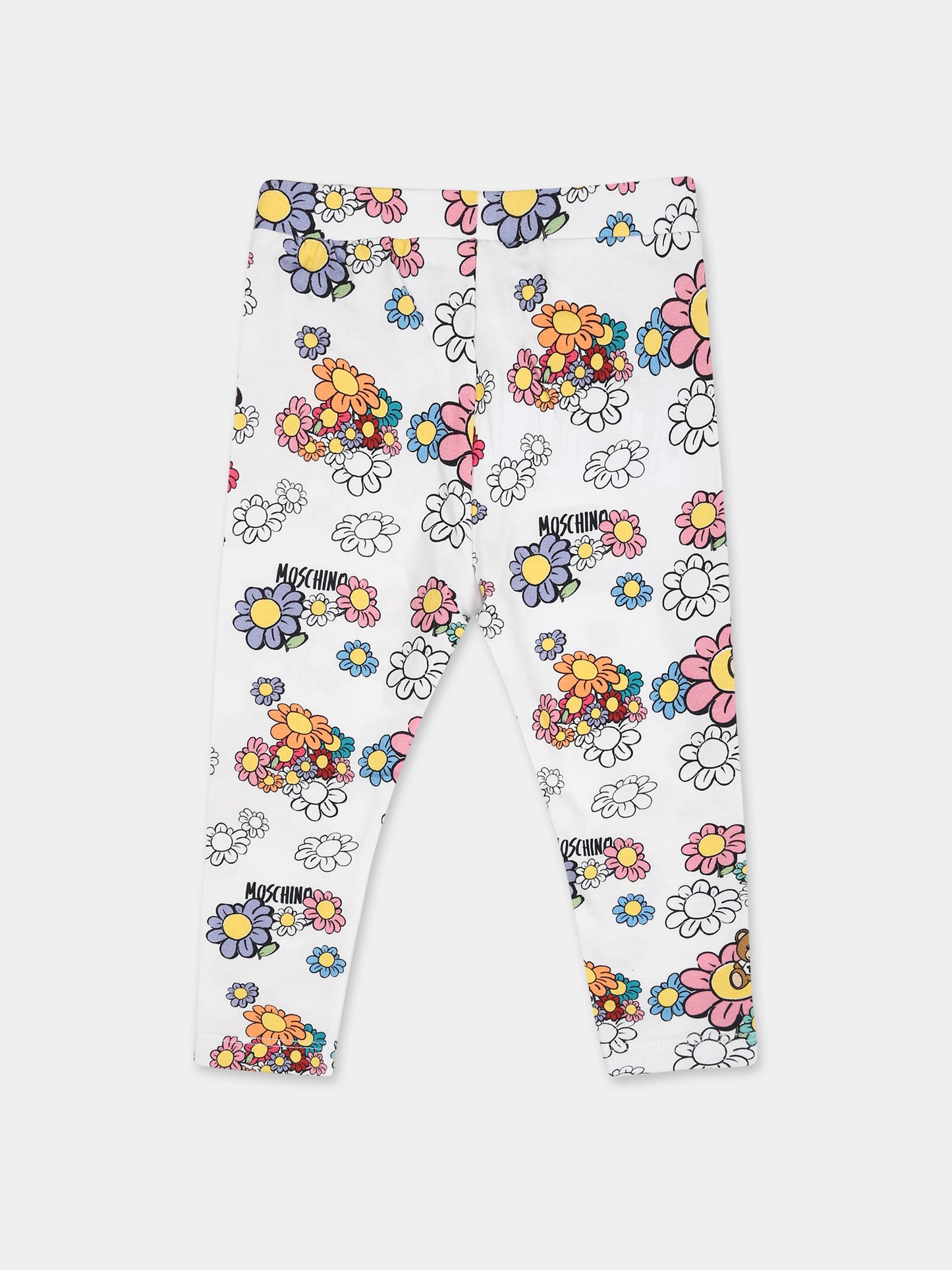 Leggings bianchi per neonata con fiori e Teddy Bear,Moschino Kids,M0P02N LBC01 84328