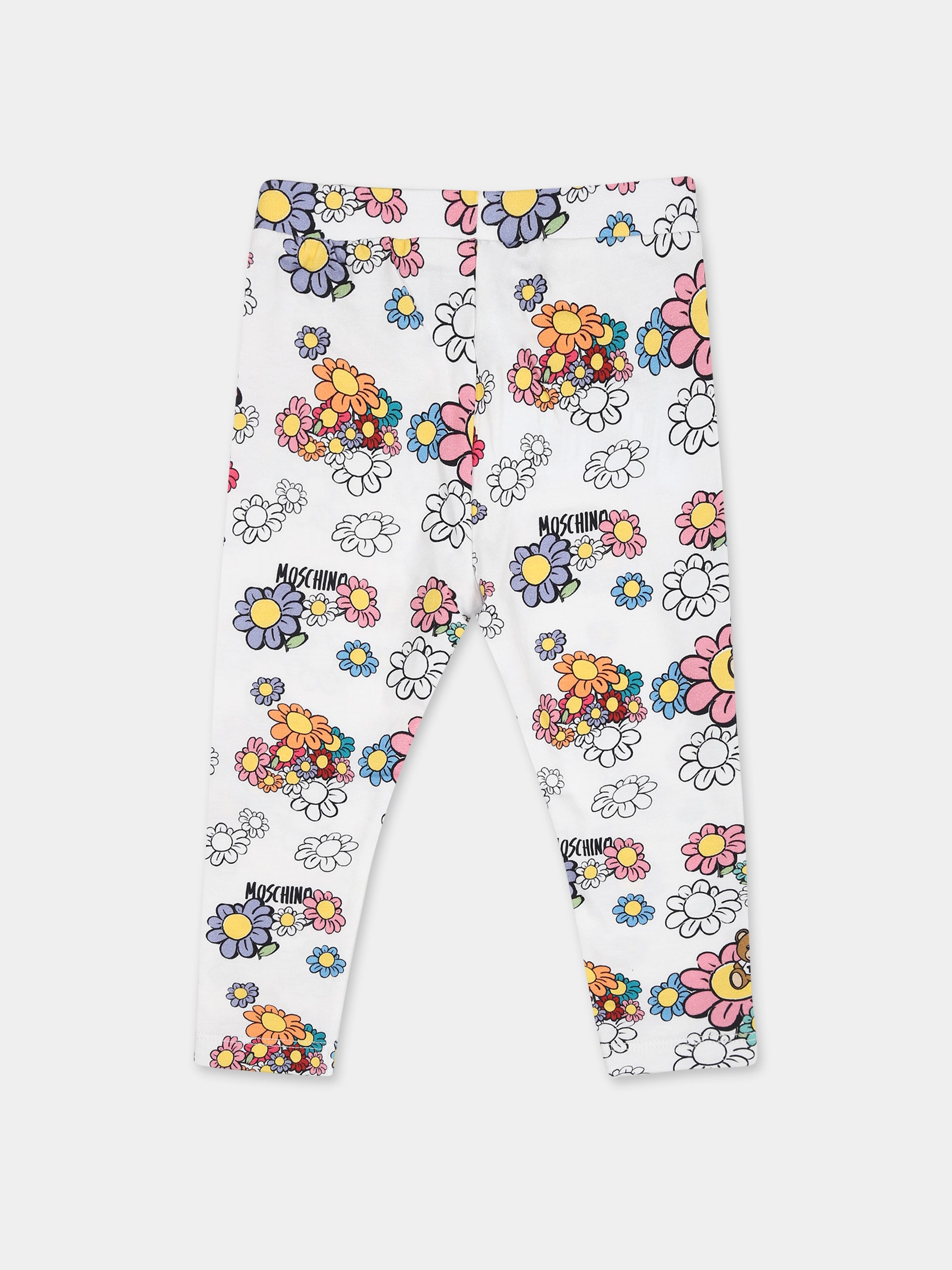 Leggings bianchi per neonata con fiori e Teddy Bear,Moschino Kids,M0P02N LBC01 84328
