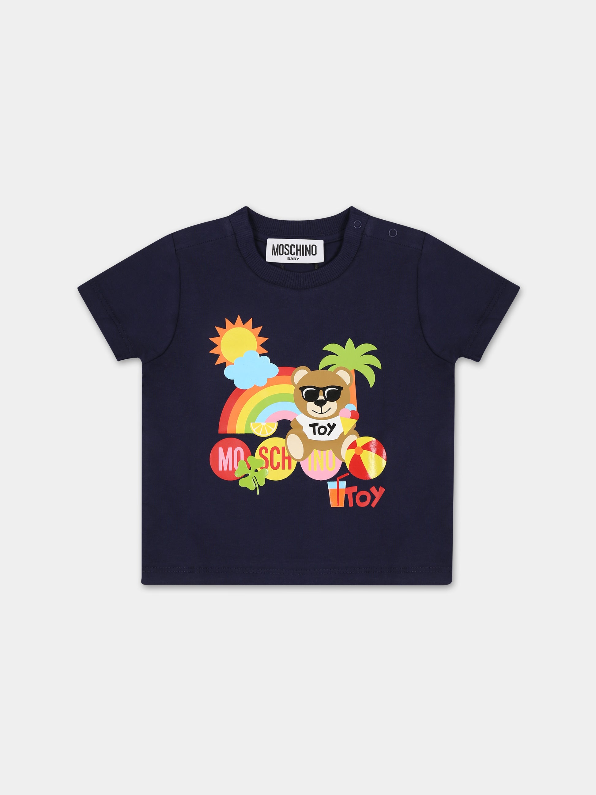 T-shirt blu per neonati con Teddy Bear e stampa,Moschino Kids,MMM031 LBA08 40016
