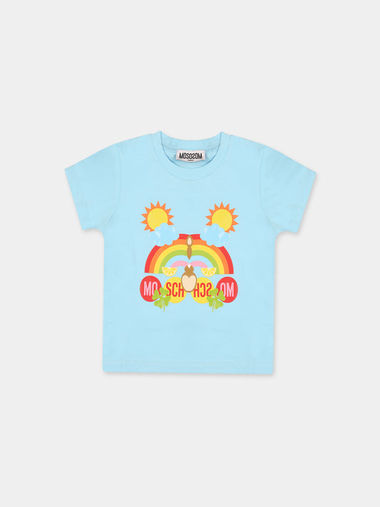 T-shirt celeste per neonati con Teddy Bear e stampa,Moschino Kids,MMM031 LBA08 41020