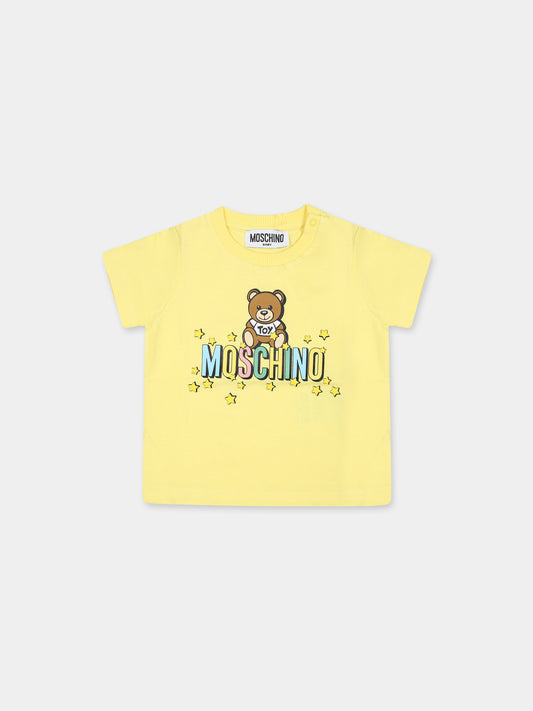 T-shirt bianca per neonati con Teddy bear e logo,Moschino Kids,MMM032 LAA27 50230