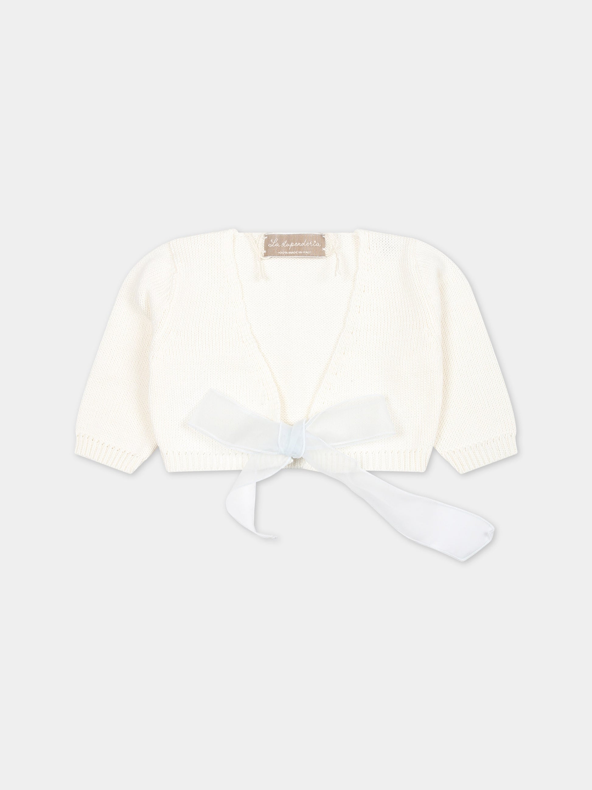 Cardigan bianco per neonata con fiocco celeste,La Stupenderia,SCSC52102 CELESTE