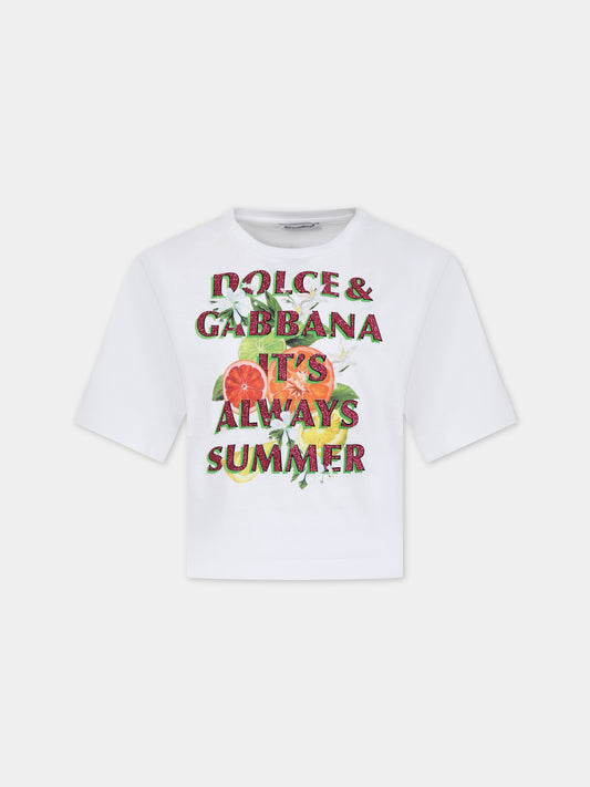 T-shirt bianca per bambina con stampa multicolor,Dolce & Gabbana Kids,L5JTMV G7L7Y W0800