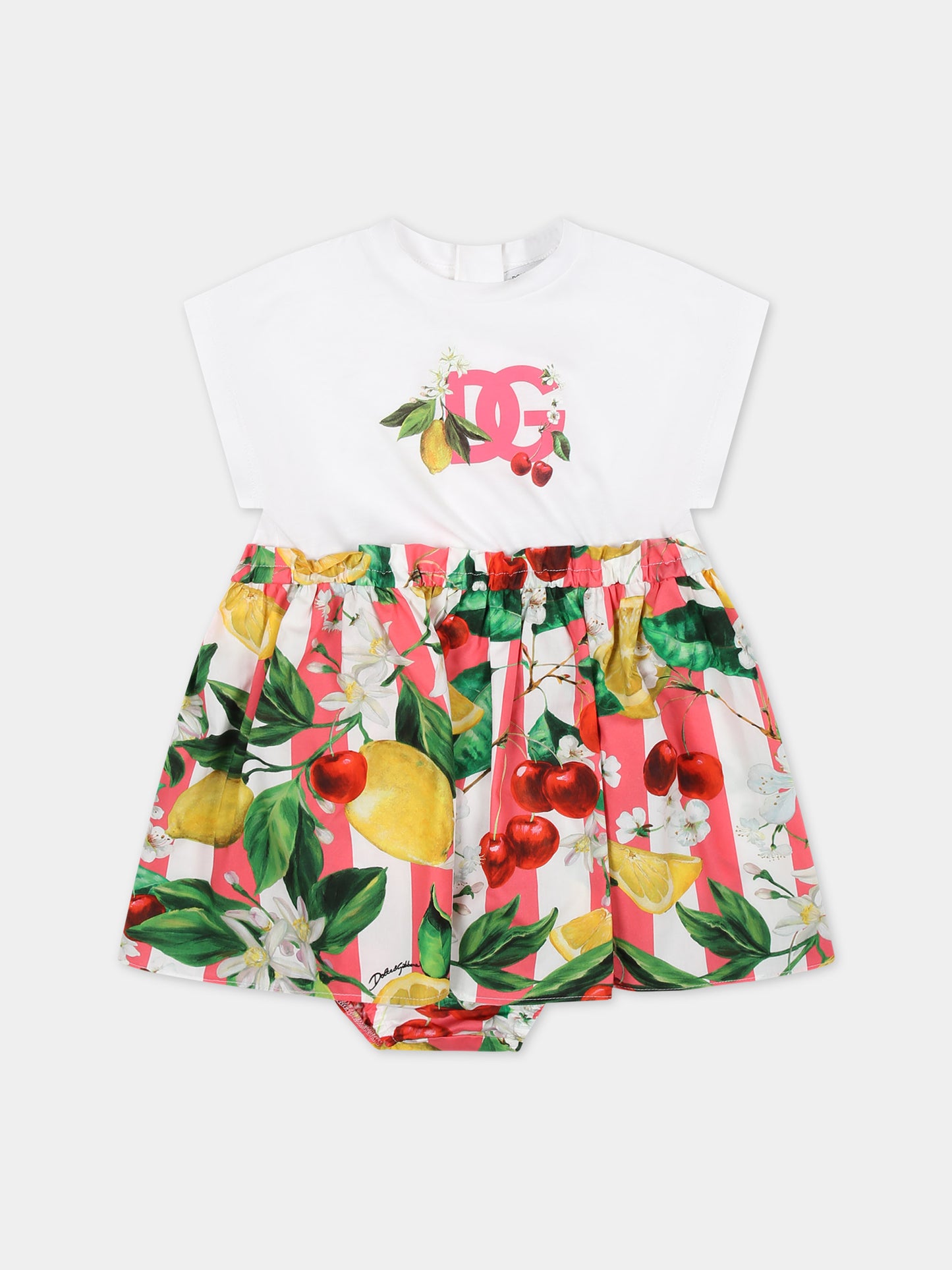 Vestito bianco per neonata con frutti e fiori multicolor all-over,Dolce & Gabbana Kids,L2JD5K G7L9B S9000