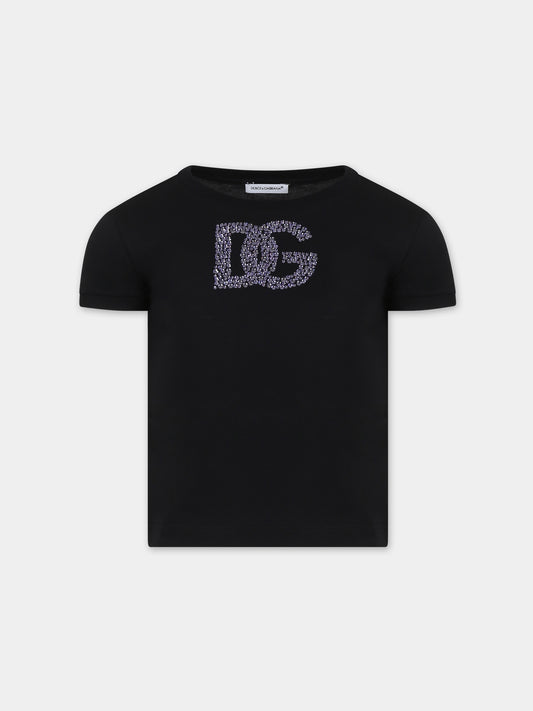 T-shirt nera per bambina con iconico monogramma e strass,Dolce & Gabbana Kids,L5JTMO G7L1U N0000