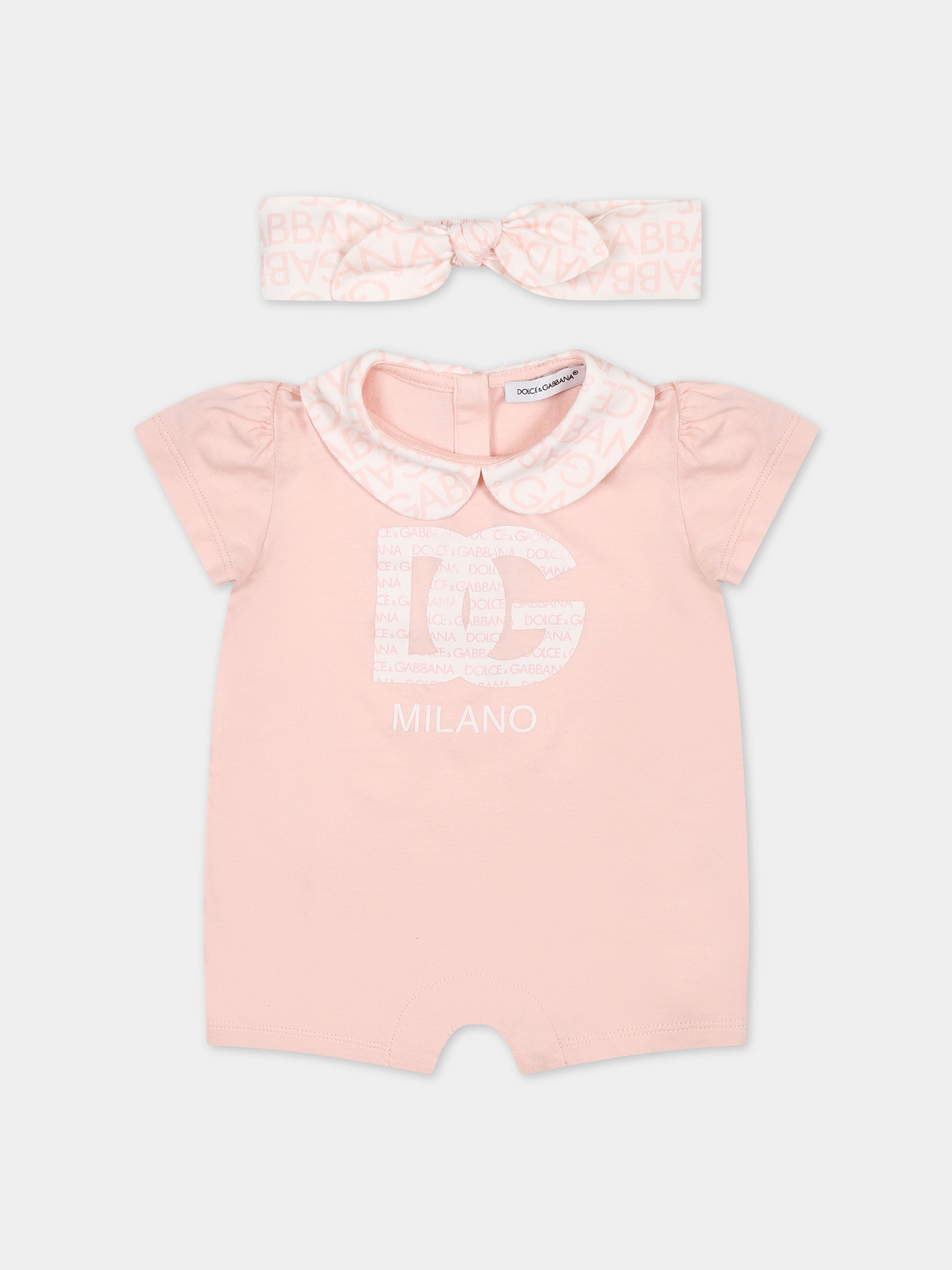 Pagliaccetto rosa per nonata con logo,Dolce & Gabbana Kids,L2JOY1 G7L5T F3721