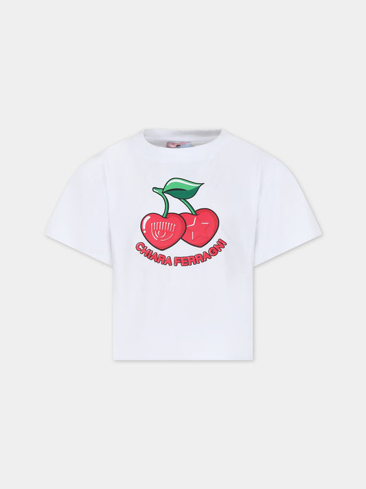 T-shirt bianca per bambina con ciliegie e logo,Chiara Ferragni Collection,59C604 3003 0099
